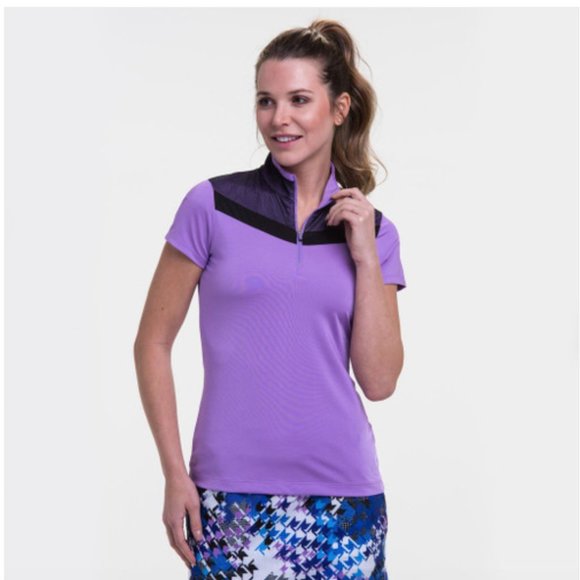 EP Pro NY Cap Sleeve Mesh‎ Overlay Contrast Trim Zip Mock Women's Golf Polo - Picture 1 of 12